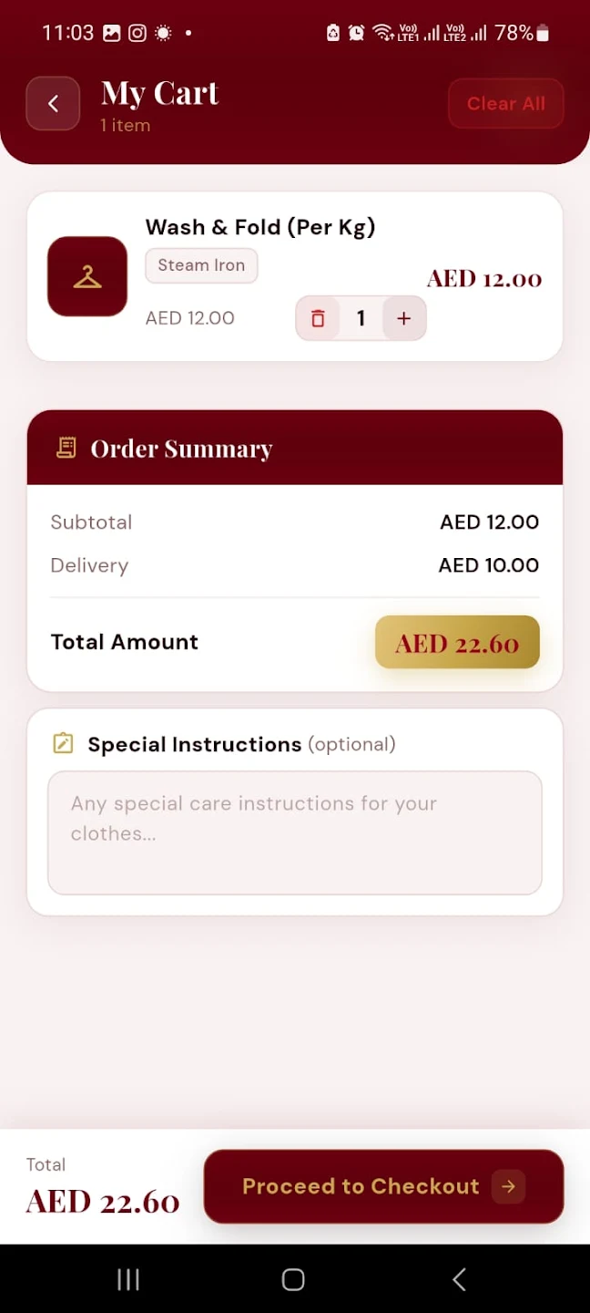 EAGLES Laundry App My Cart Screen